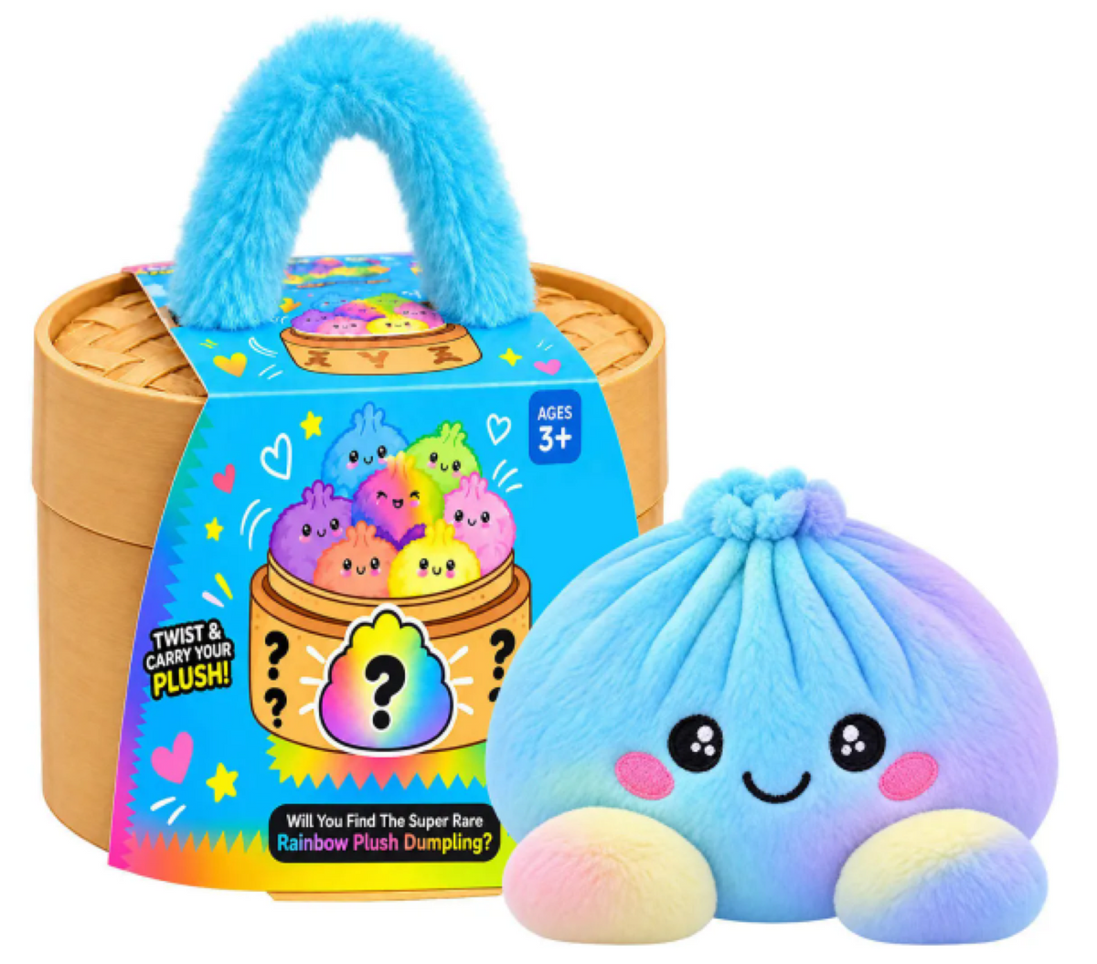 Cuddle Critters mystery dumpling plush beside its steamer basket with fuzzy blue handle